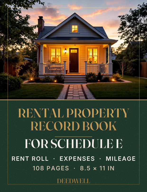 Deedwell's Rental Property Record Book: a lit cottage at dusk above a deep green band carrying the title in gold.