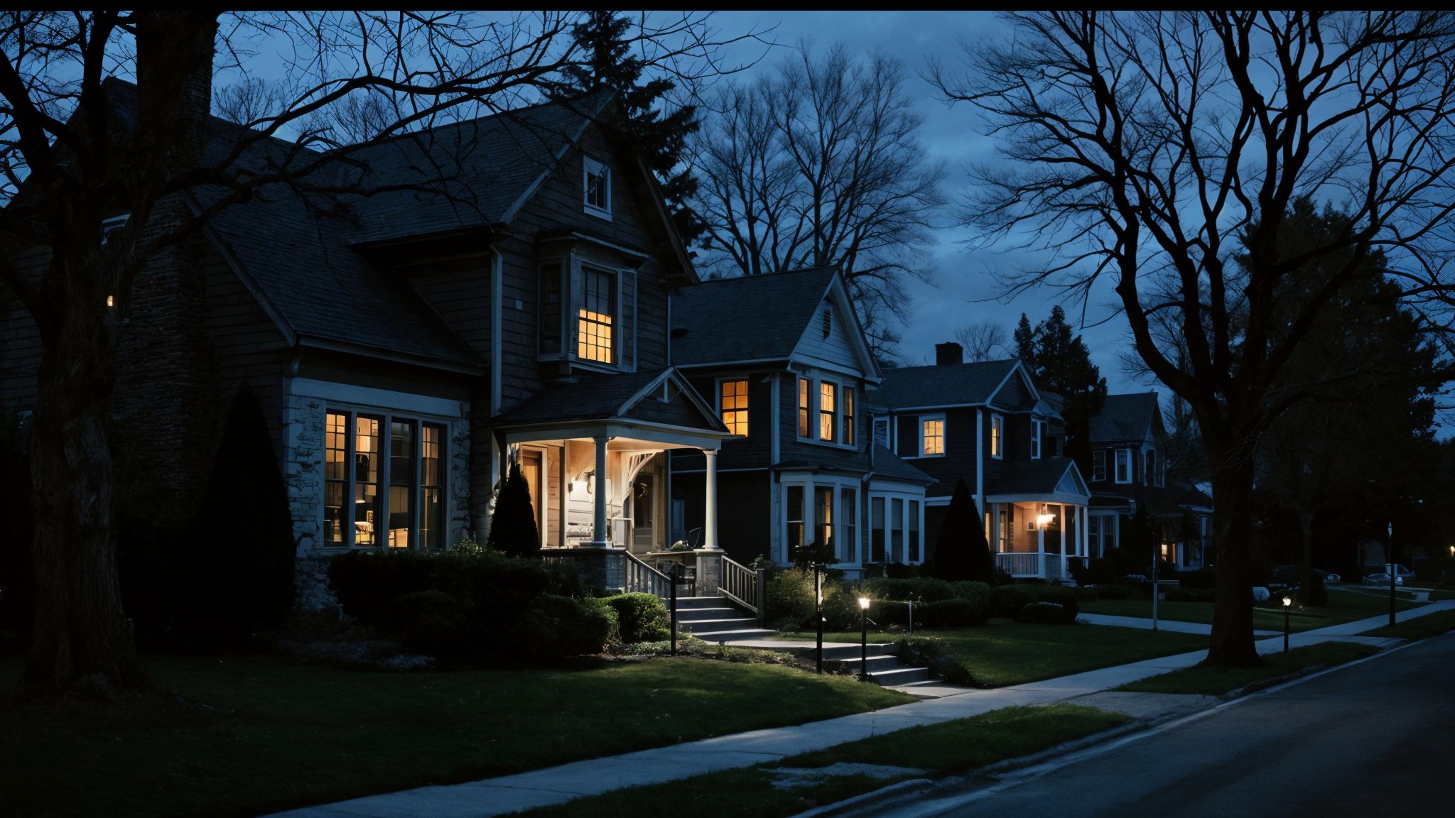A quiet American residential street at dusk, lamplight in the windows.